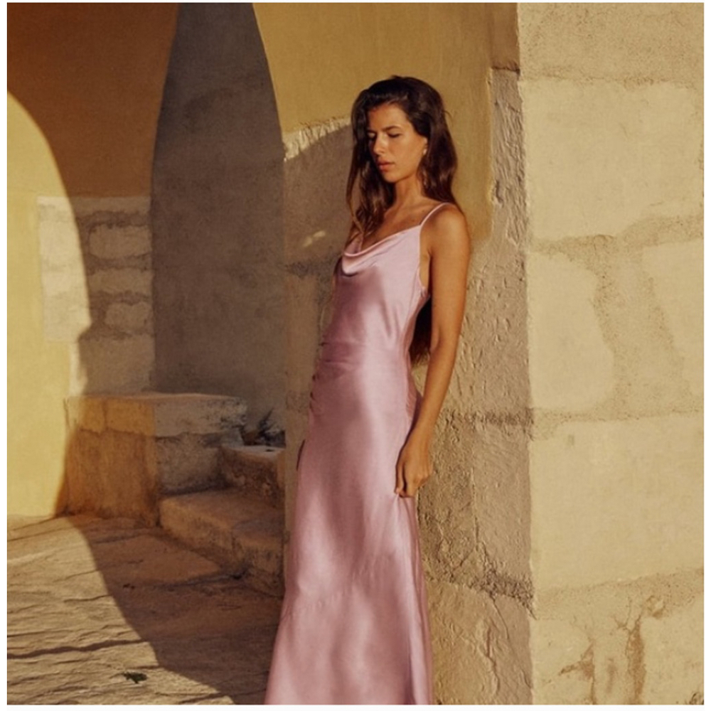 Zara Pink Cowl Neck Ruched Midi Slip Dress S - Picture 2 of 6